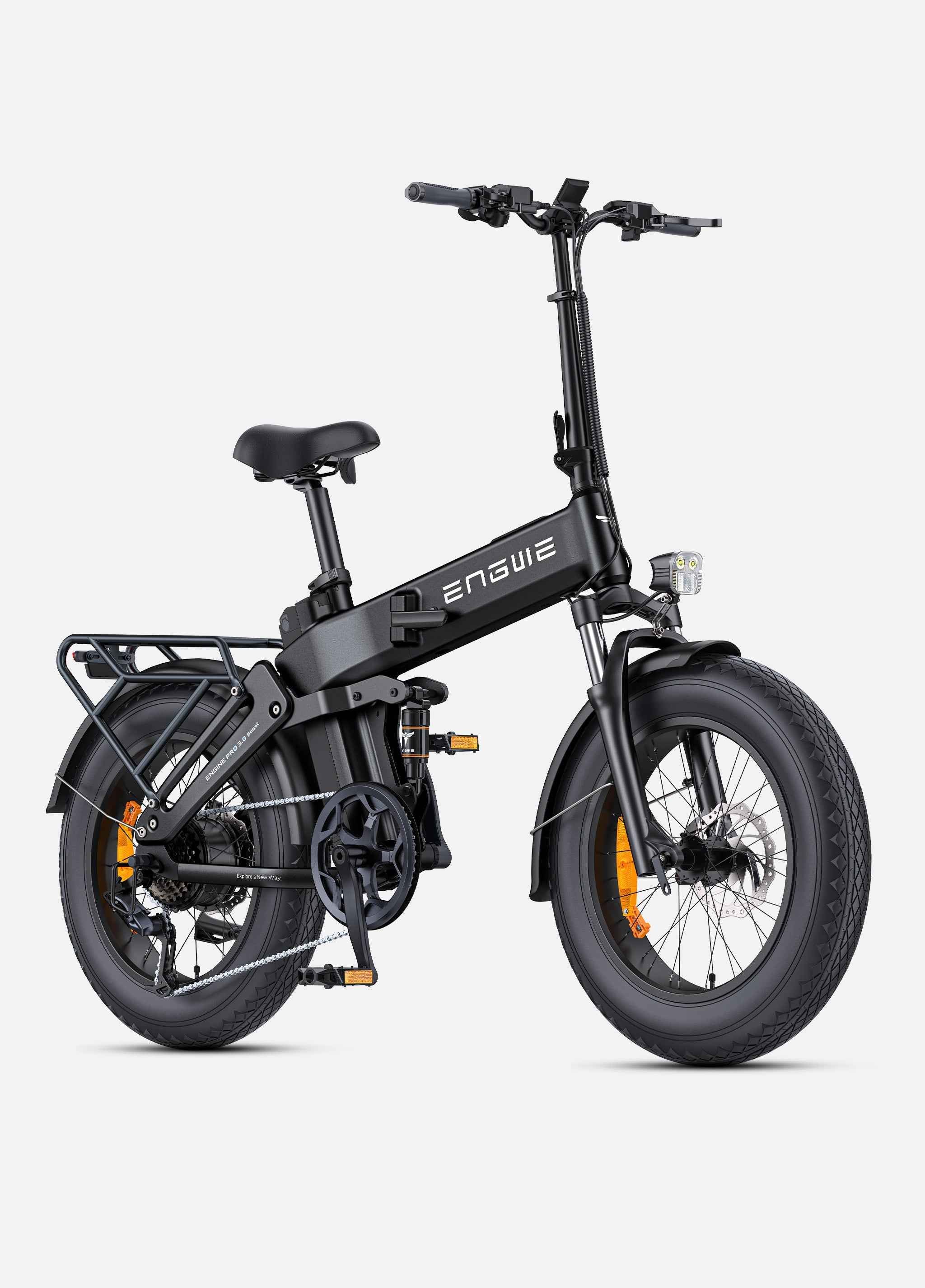 Engwe electric bicycle with fat tires, compact frame, and rear cargo rack for city commuting