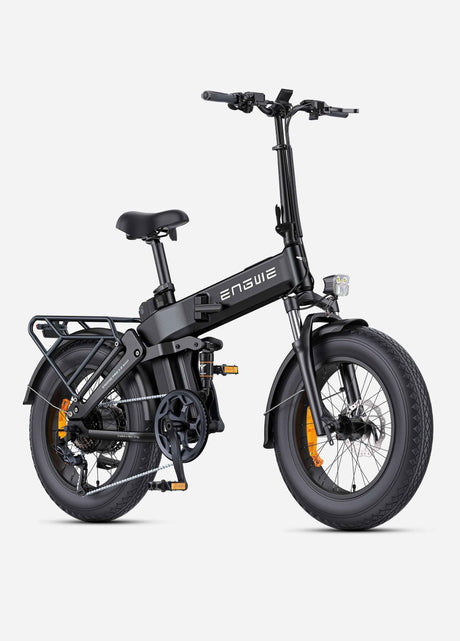 Engwe electric bicycle with fat tires, compact frame, and rear cargo rack for city commuting