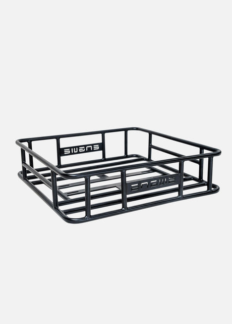 Durable black rear rack basket for electric bike with a sturdy metal frame for carrying items