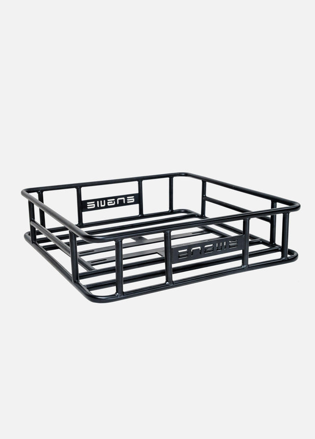 Durable black rear rack basket for electric bike with a sturdy metal frame for carrying items