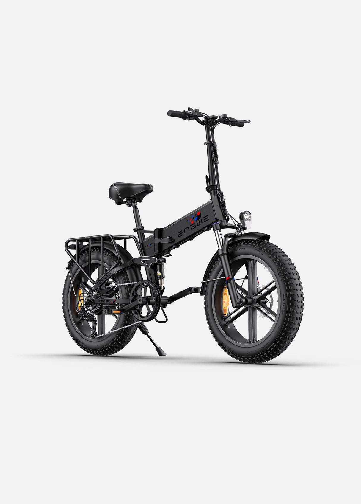 ENGWE Engine X electric bike black folding fat tire e bike with rear cargo rack and front suspension