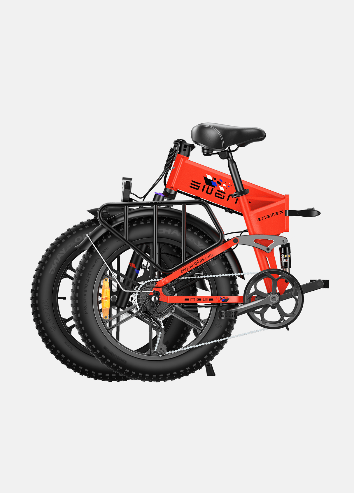 ENGWE Engine X electric bike folded red fat tire e bike showing compact transport and folded frame