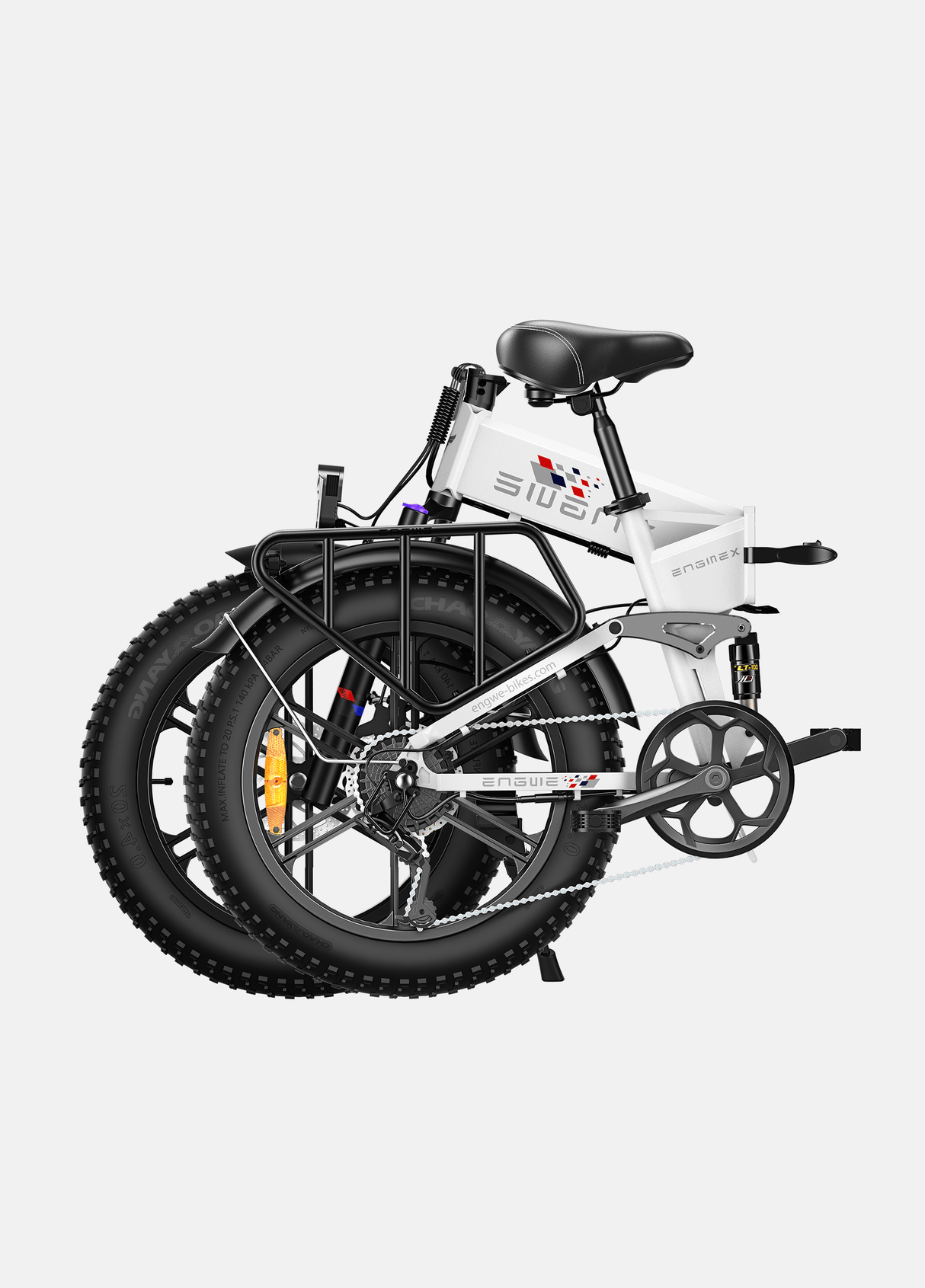 ENGWE foldable white ebike folded compact with fat tires rear rack suspension and chain Engine X electric bike for urban commuting