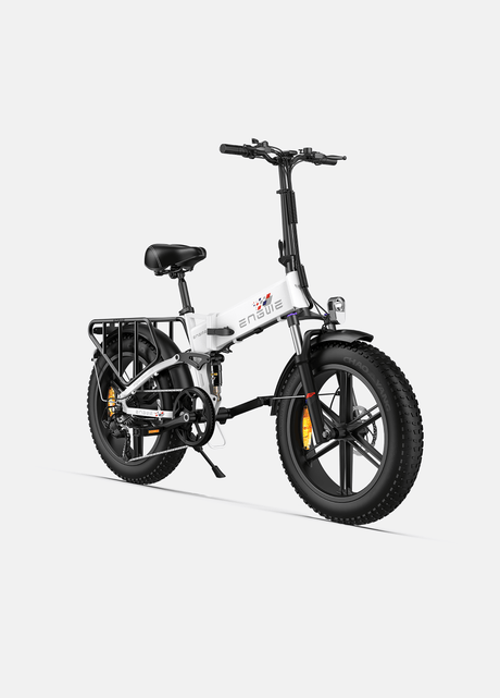 ENGWE Engine X electric bike white folding e bike with fat tires rear cargo rack front suspension adjustable seat