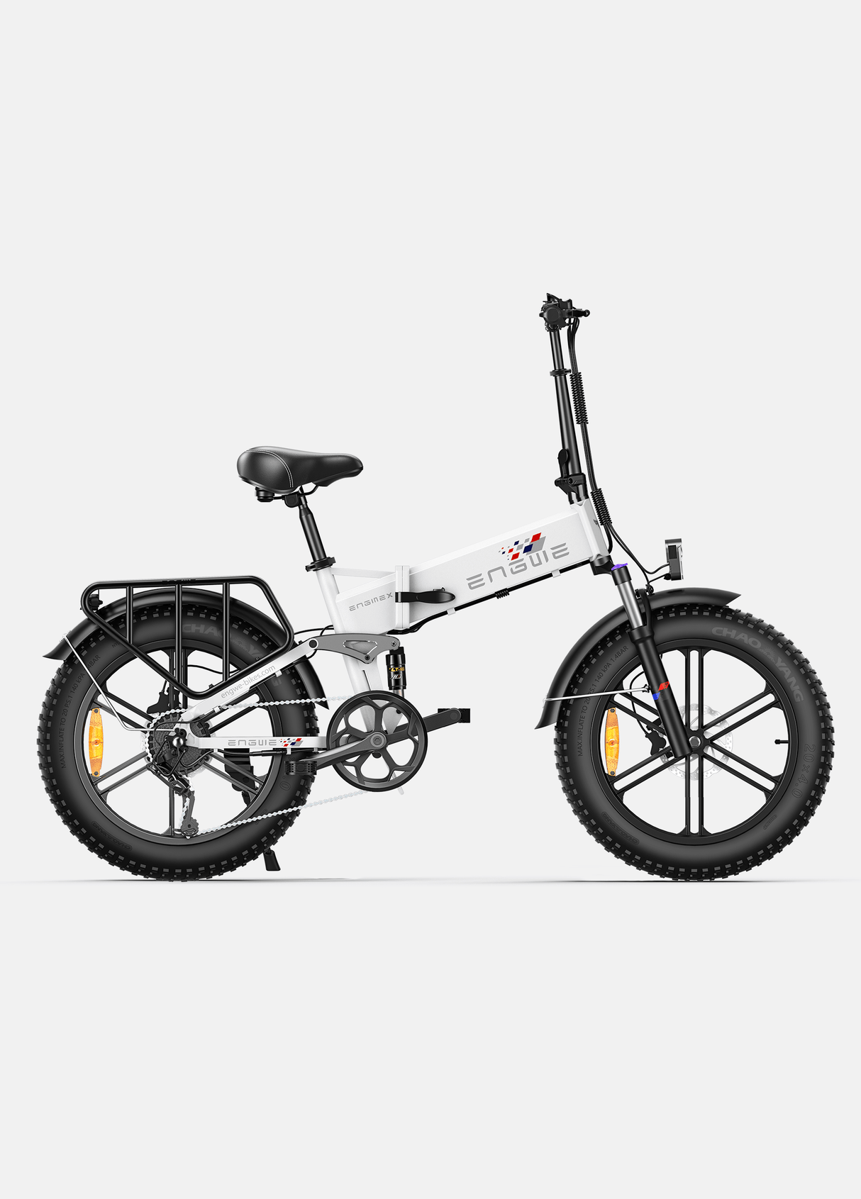 ENGWE Engine X electric bike folding white frame with fat tires rear rack and front suspension for commuting