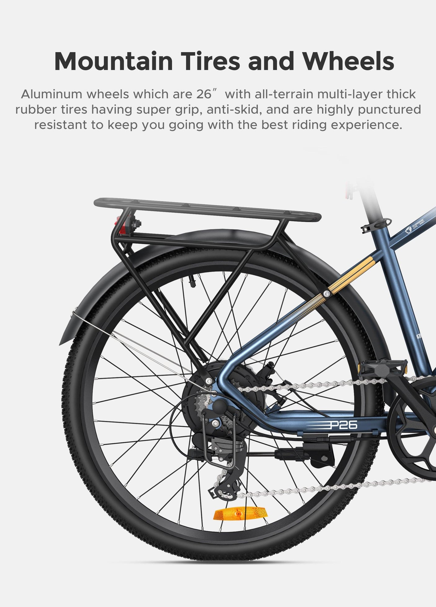 P26 Combo electric bike featuring 26-inch mountain tires with super grip and puncture resistance