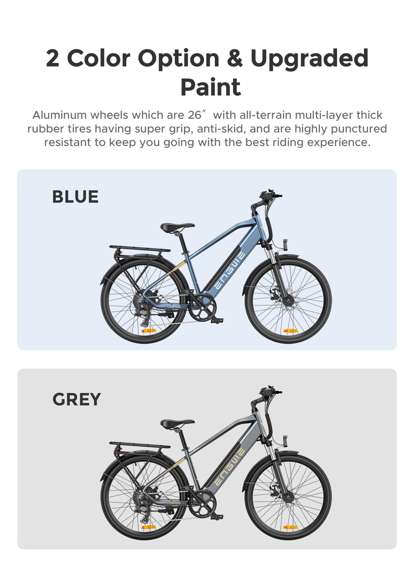 Engwe P26 Combo electric bike in blue and grey with 26-inch all-terrain tires for optimal riding experience