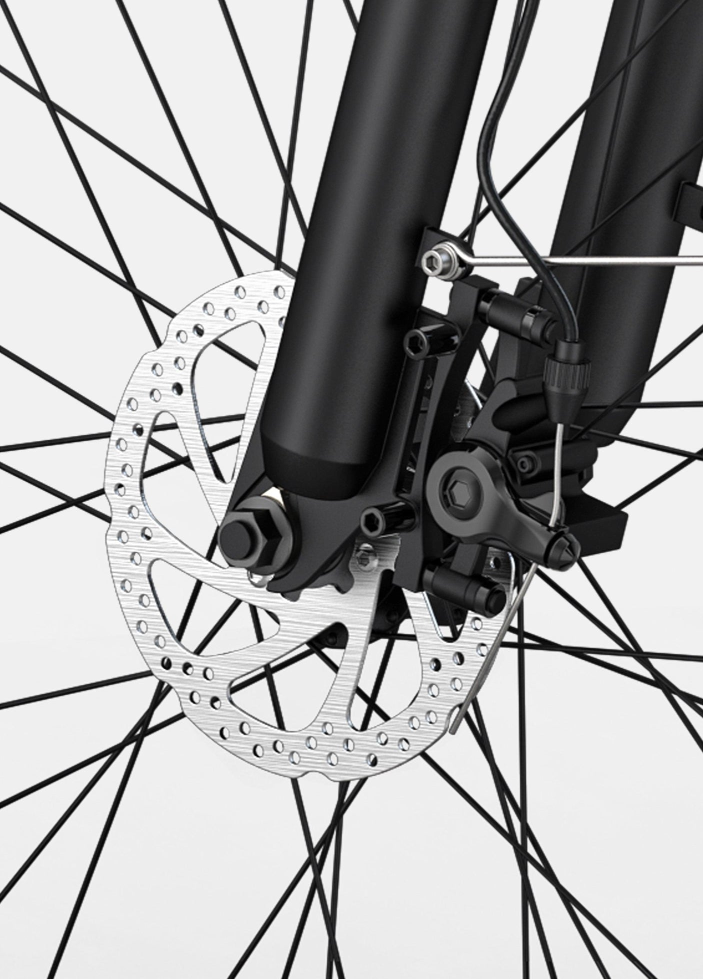 Close-up of the disc brake system on the P26 Combo electric bike for optimal stopping power