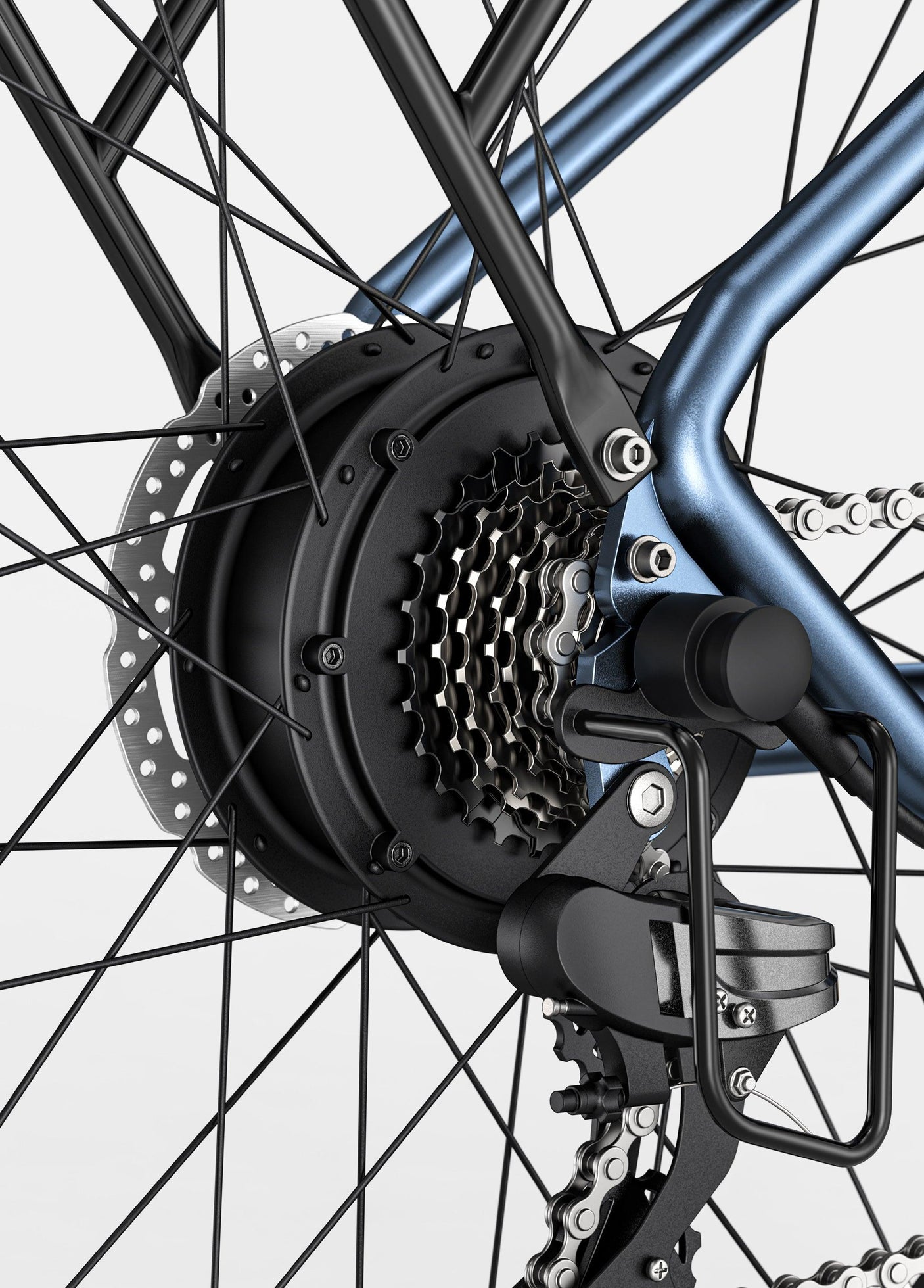 Close-up of Engwe P26 Combo electric bike rear hub motor and gear system showcasing durable construction
