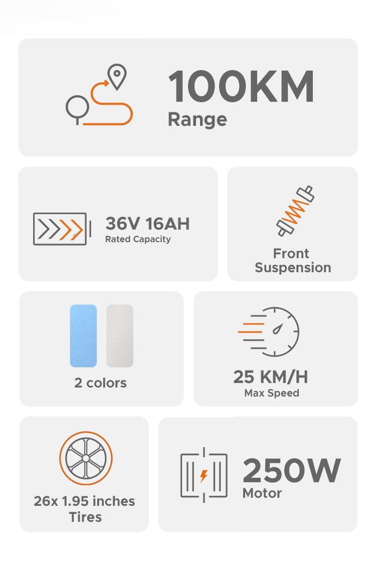 Engwe P26 Combo electric bike with 100KM range, 250W motor, and front suspension features
