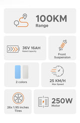 Engwe P26 Combo electric bike with 100KM range, 250W motor, and front suspension features
