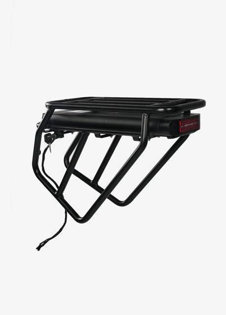 ENGWE.COM Engine X ebike battery mounted on a sturdy black rack for enhanced support