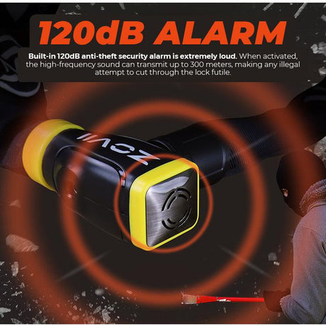 ADMUN ZOVII security lock for bicycle with built-in 120dB anti-theft alarm and bright yellow accents