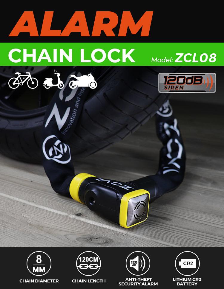 ZOVII security lock for bicycle alarm chain lock with 120dB siren and 8mm thick black chain