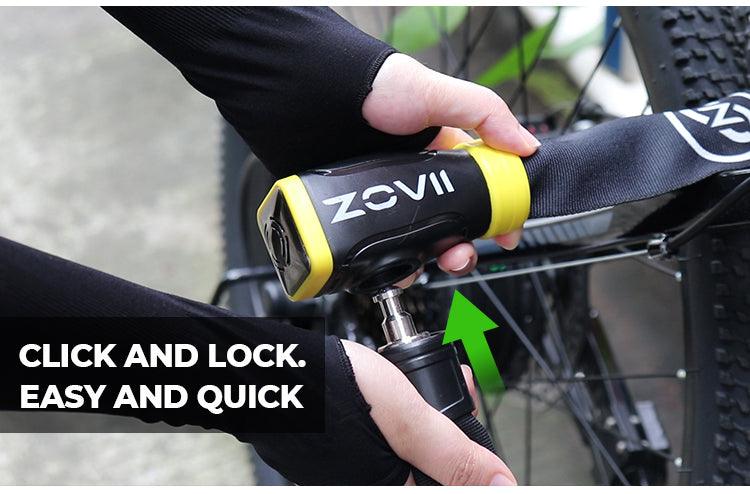 ZOVII security lock for bicycle by ADMUN being attached to bike frame with click and lock mechanism