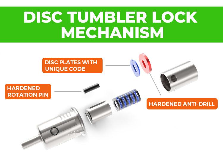Exploded view of ZOVII security lock for bicycle showing disc tumbler lock mechanism and hardened components