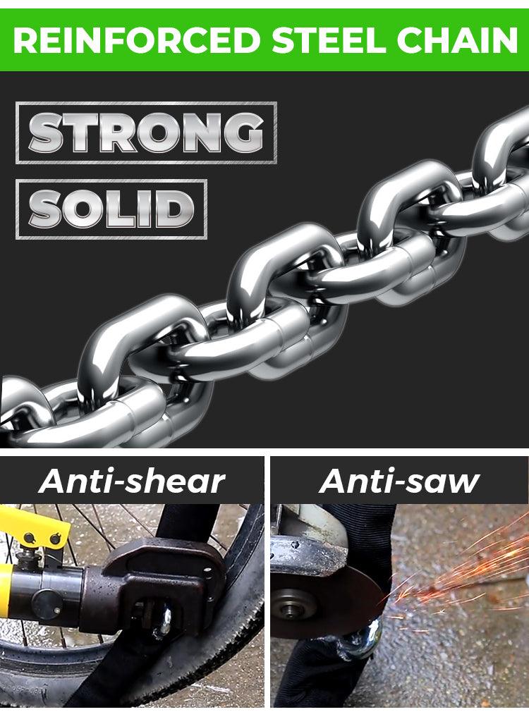 ADMUN ZOVII security lock for bicycle with reinforced steel chain showing strong solid links and anti-shear anti-saw features
